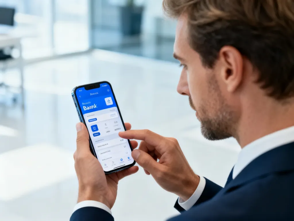 Mężczyzna w nowoczesnym biurze sprawdza aplikację bankową na smartfonie, co symbolizuje szybkie zarządzanie finansami.