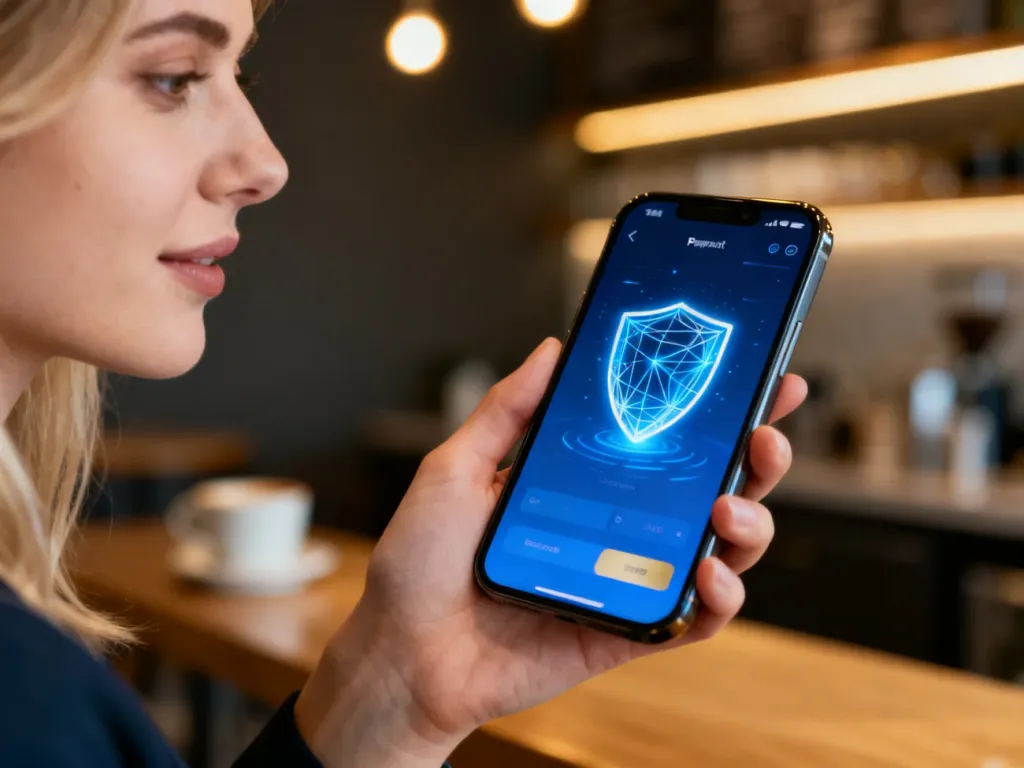 Kobieta trzymająca smartfon z ikoną tarczy, symbolizującą bezpieczeństwo płatności cyfrowych w kawiarni.