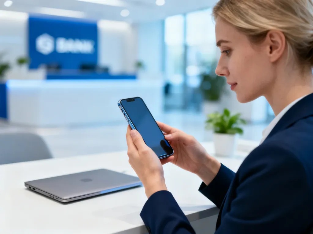 Kobieta korzystająca ze smartfona w nowoczesnym wnętrzu banku, symbolizująca wygodną bankowość mobilną.