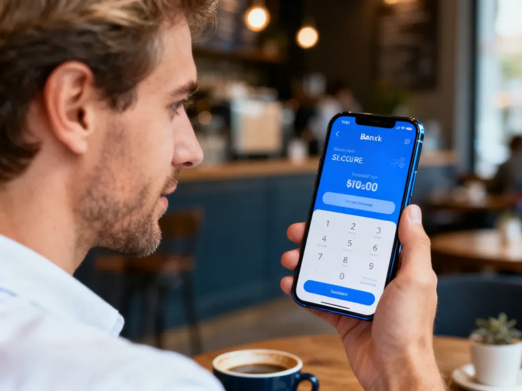 Mężczyzna trzymający smartfon z otwartą aplikacją bankową w przytulnej kawiarni, co podkreśla bezpieczeństwo płatności Blik.