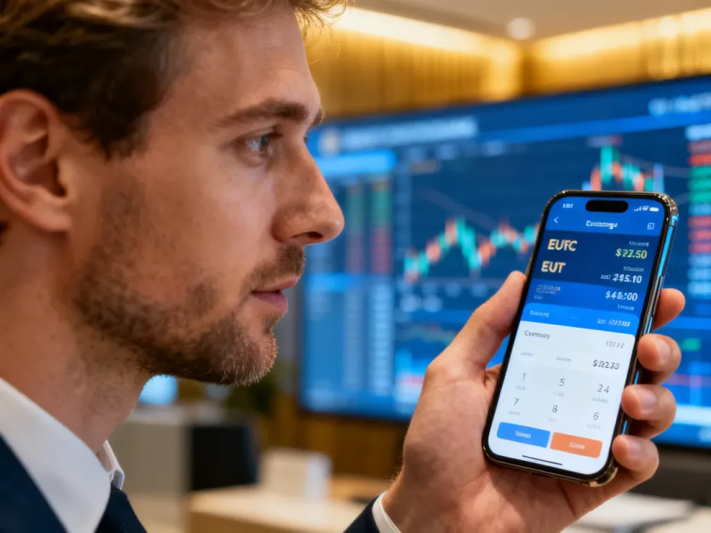 Mężczyzna trzymający smartfon z aplikacją do przeliczania walut na tle nowoczesnego biura finansowego.