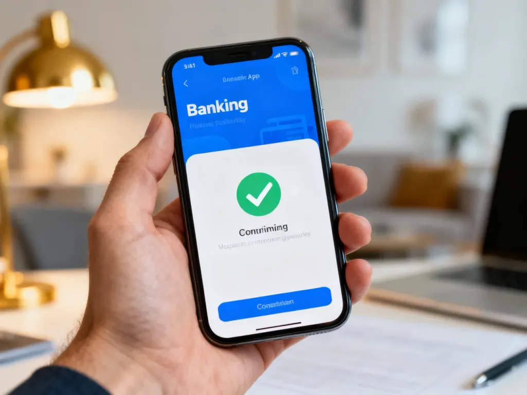 Dłoń trzymająca smartfon z aplikacją bankową wyświetlającą potwierdzenie przelewu na ekranie.