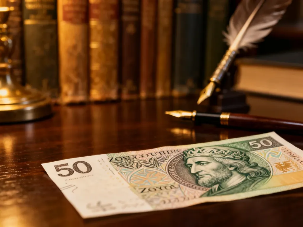 Banknot 50 złotych z wizerunkiem Kazimierza Wielkiego leżący na drewnianym biurku w otoczeniu starych książek i pióra.