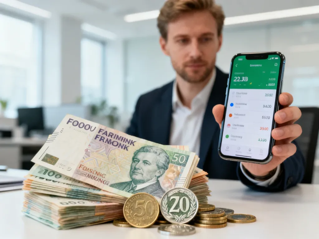 Mężczyzna trzymający smartfon z aplikacją do wymiany walut na tle duńskich koron i polskich złotówek.