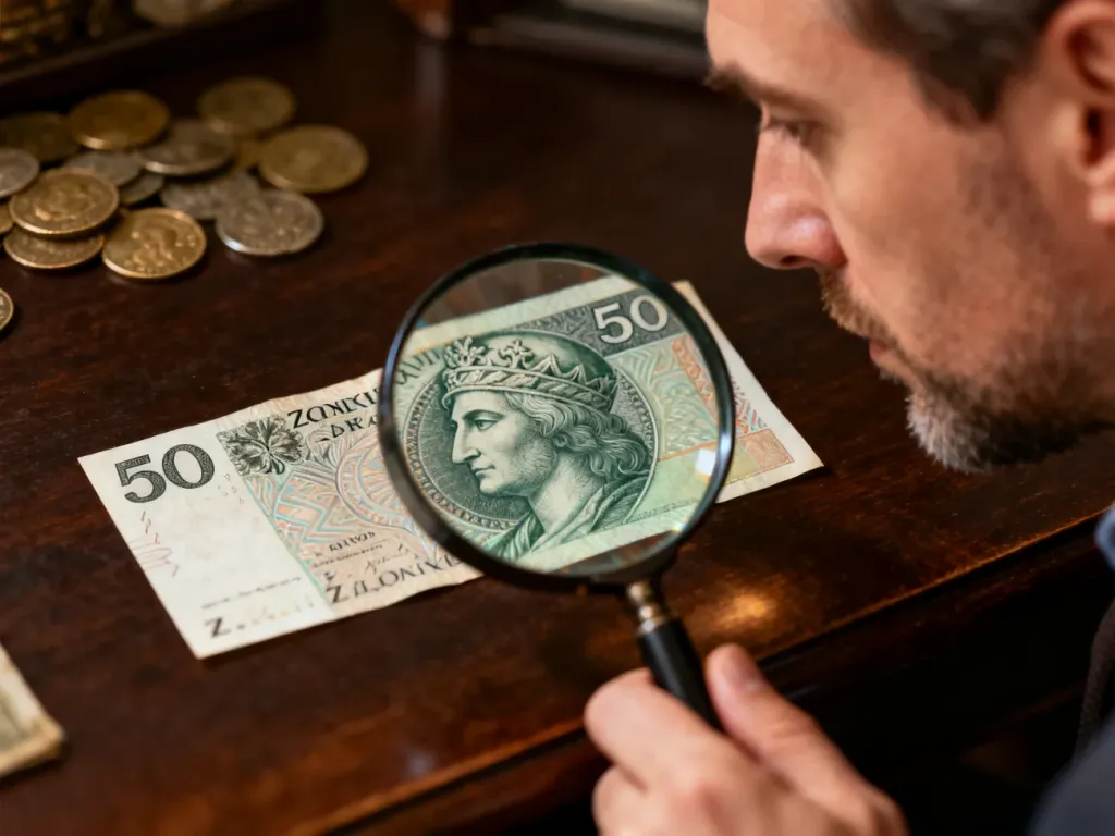 Kolekcjoner z lupą bada detale starego banknotu 500 zł na drewnianym biurku w otoczeniu antycznych monet.