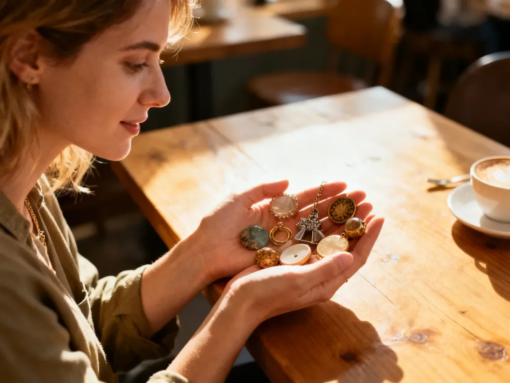 Kobieta trzymająca na drewnianym stole różnorodne drobne przedmioty, które można kupić w ramach budżetu 50 złotych.