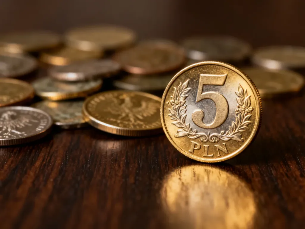 Zbliżenie na błyszczące monety okolicznościowe 5 zł ułożone na ciemnym, drewnianym blacie.