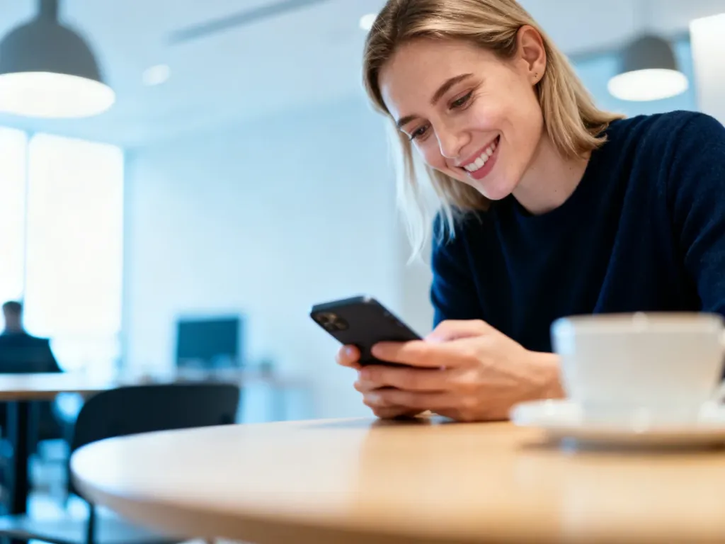 Kobieta z zadowoleniem sprawdza telefon w nowoczesnym wnętrzu, co symbolizuje szybkie i wygodne korzystanie z bankowości mobilnej.