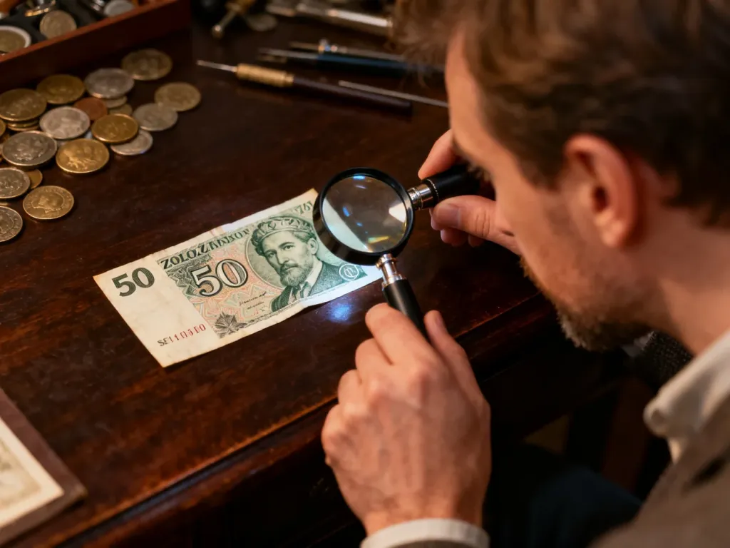 Kolekcjoner bada lupą autentyczność i stan zachowania starego banknotu pięćdziesięciozłotowego na drewnianym biurku.