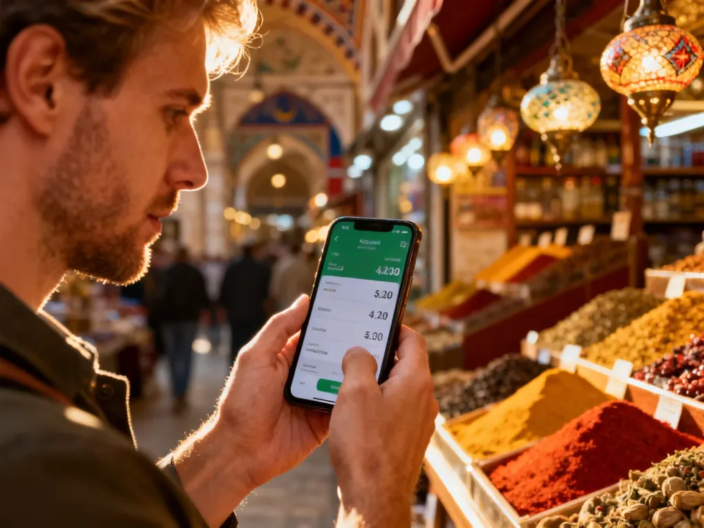 Mężczyzna trzymający smartfon z aplikacją do przeliczania walut na tle tradycyjnego tureckiego bazaru.