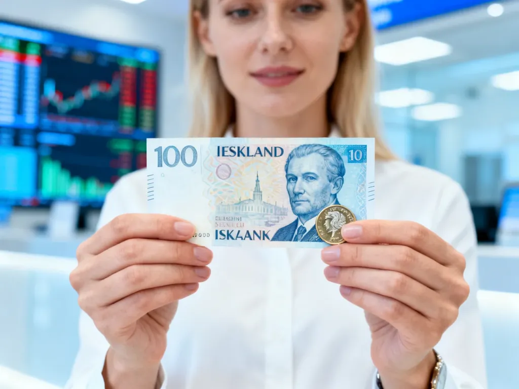 Dłonie trzymające islandzki banknot i polską monetę na tle kantoru, ilustrujące wymianę walut.